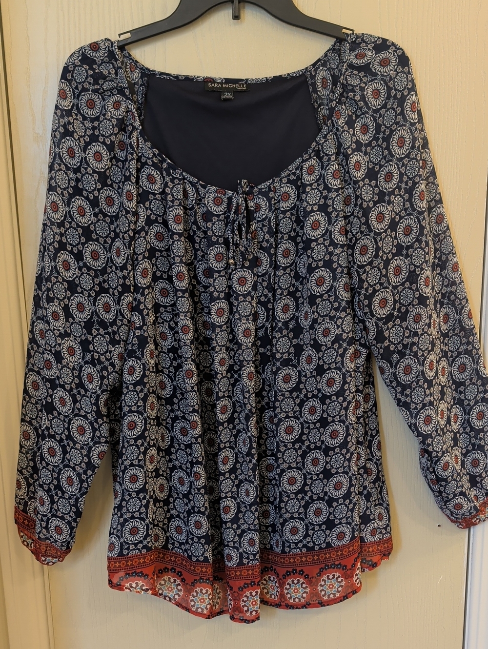 Sara Michelle Navy Blue Sheer Peasant Blouse Women’s 2X Rust Trim Boho Top